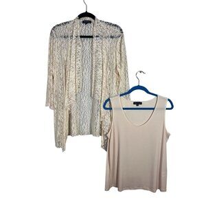 Slinky Brand Cardigan Women L Beige Tank Floral Mesh Lace Mature Preppy Classic